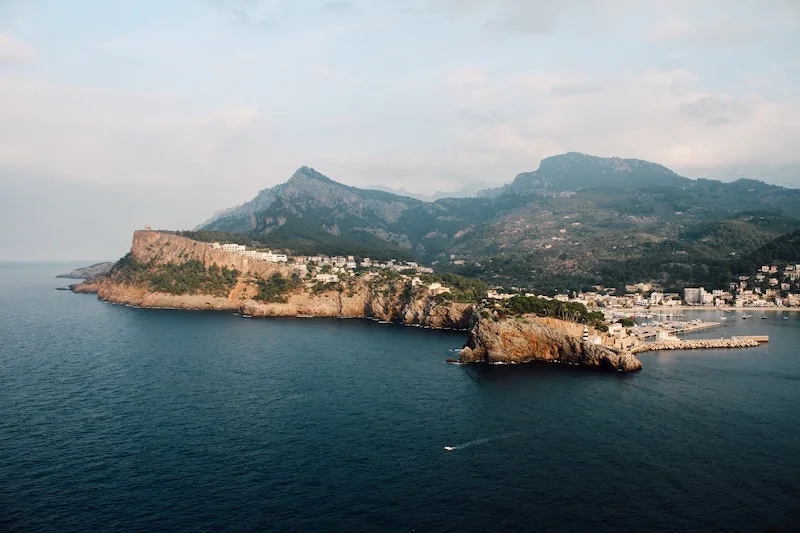 port de soller spain drone aerial shot