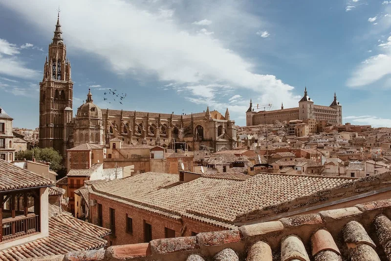 toledo spain view of cathedral alcazar