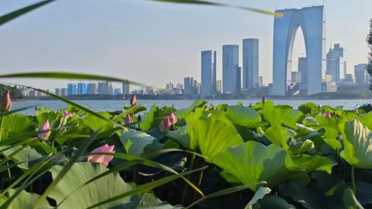 Jinji Lake Suzhou China buildins near the lake