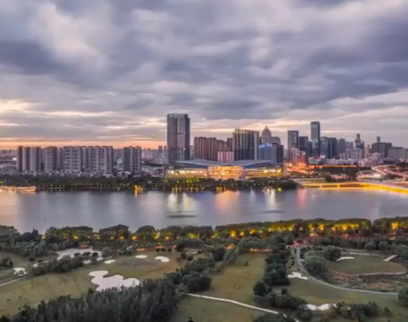 Shenyang, China down town, river and a park