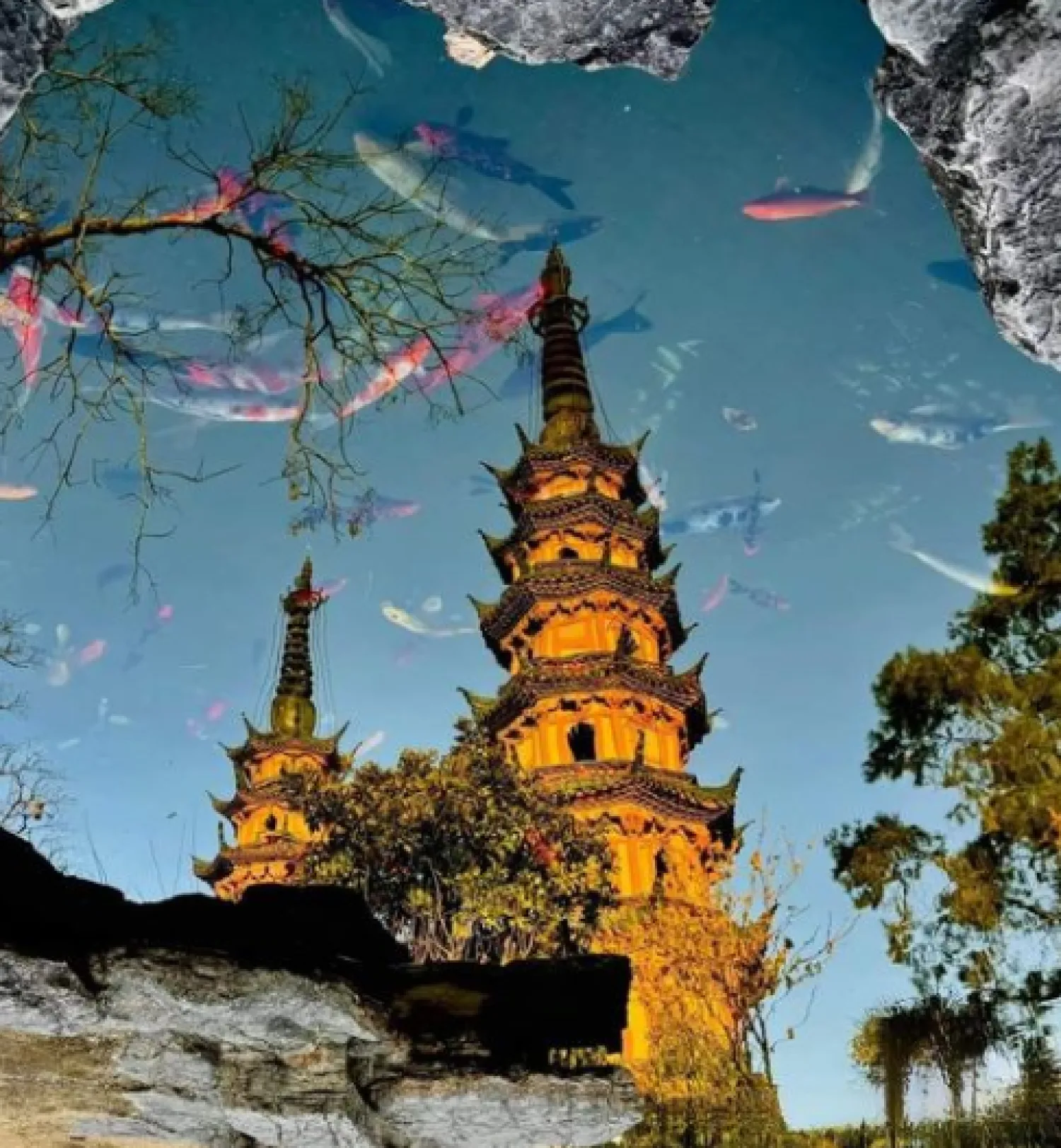 The Twin Pagodas suzhou chine yellow buildins in the sunset light