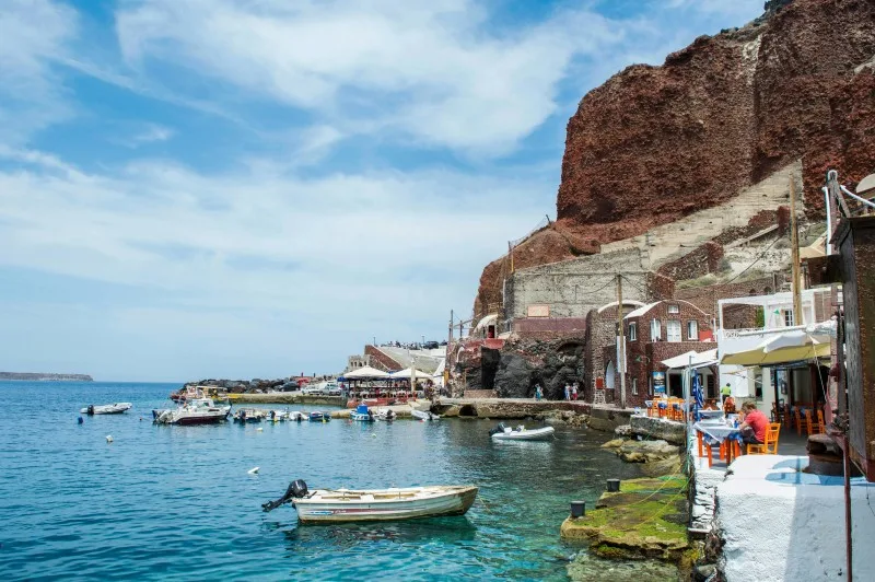 santorini greece red beach white houses and blue water